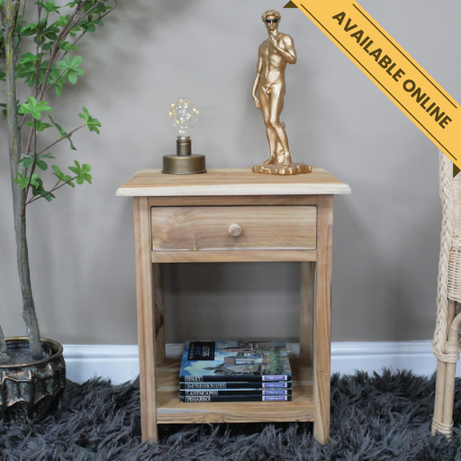 Bedside unfinished teak 1 drawer. A unique and stylish piece, perfect for modern or rustic interiors, 51cm high, 40cm wide, 30cm deep, weighs 6.12kgs.