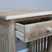 Minimalist unfinished teak nightstand featuring a single drawer, dimensions 51cm H x 40cm W x 30cm D, weight 6.12kg.