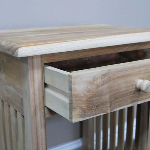 Minimalist unfinished teak nightstand featuring a single drawer, dimensions 51cm H x 40cm W x 30cm D, weight 6.12kg.