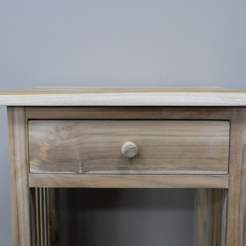 Rustic-style unfinished teak bedside cabinet with one drawer, 51cm tall, 40cm wide, 30cm deep, 6.12kg in weight.