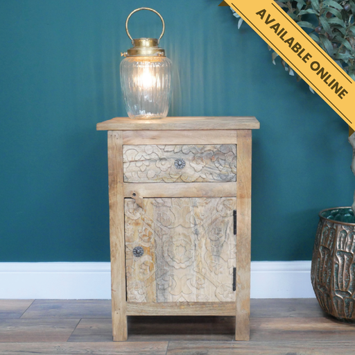 Mango wood carved bedside with one drawer and one door, floral detail, H:60cm W:42cm D:33cm, Weight:13.6kg.