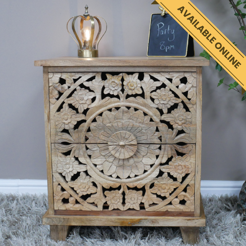 Carved wooden bedside with two drawers, cut-out design, H:61cm W:52cm D:41cm, Weight:15.6kg.