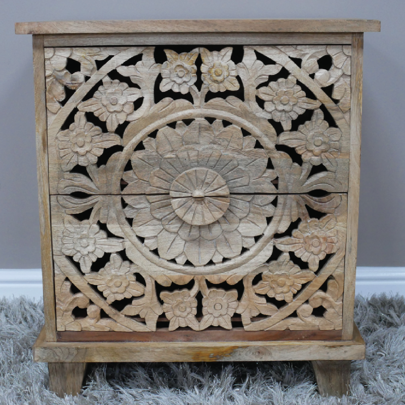 Compact carved wooden nightstand with two drawers and decorative cut-outs, 61cm tall, 52cm wide, 41cm deep, 15.6kg in weight.