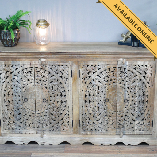 Carved sideboard 4 door. A unique and stylish piece, perfect for modern or rustic interiors, 90cm high, 160cm wide, 41cm deep, weighs 55.20kgs.