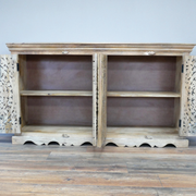 Carved 4-door sideboard in mango wood, 90cm high, 160cm wide, and 41cm deep, weighing 55.20kg, ideal for modern or rustic interiors.