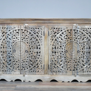 Stylish carved sideboard with four doors, 160cm wide and 90cm tall, crafted for contemporary or rustic home decor, depth 41cm, weight 55.20kg.