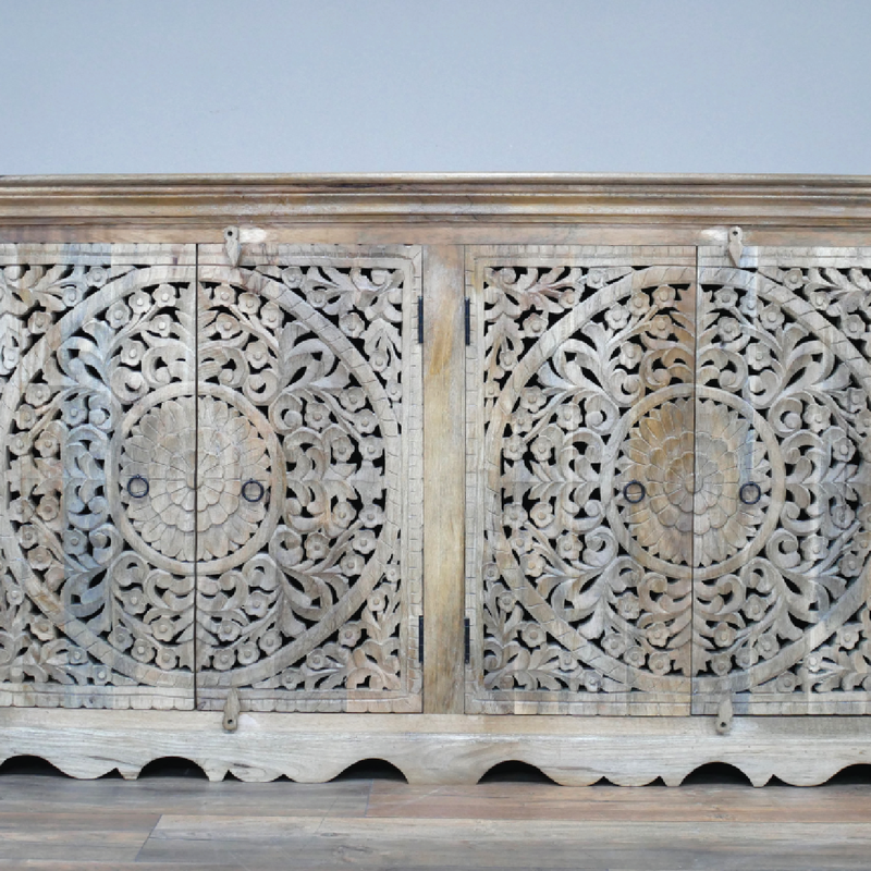 Stylish carved sideboard with four doors, 160cm wide and 90cm tall, crafted for contemporary or rustic home decor, depth 41cm, weight 55.20kg.