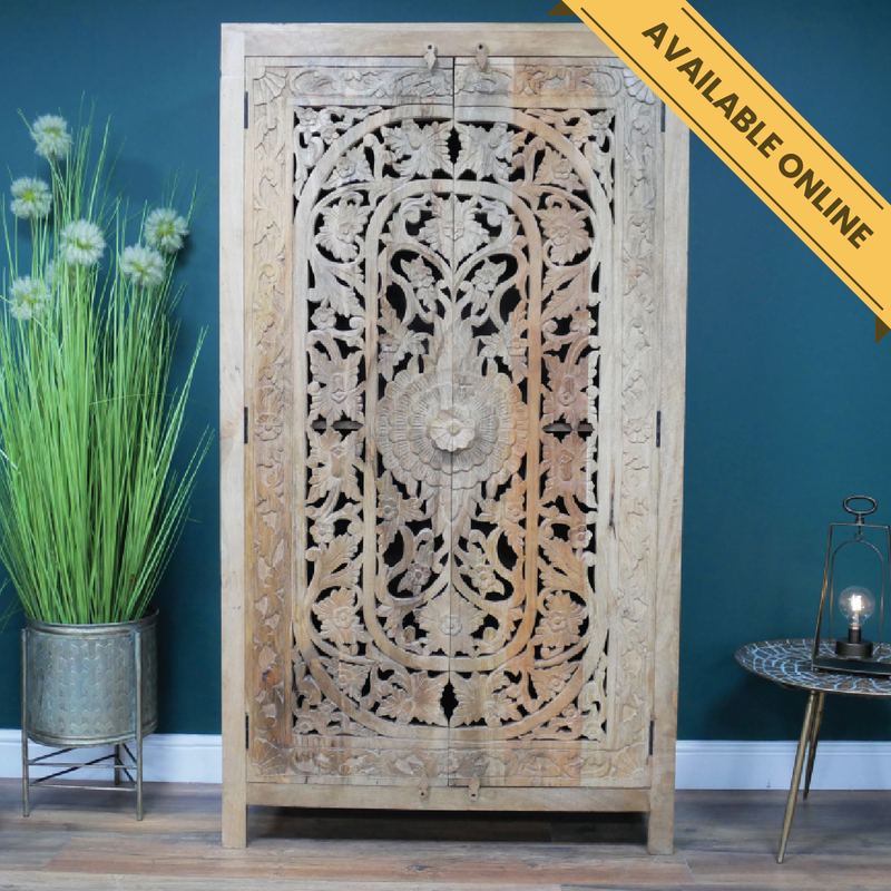 Tall carved wooden cabinet with shelves, H:180cm W:100cm D:40cm, Weight:60.6kg.