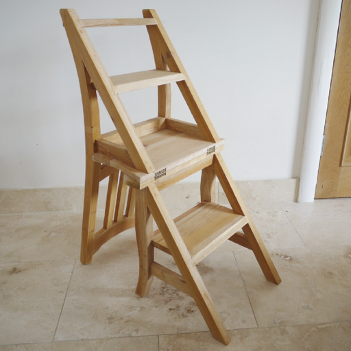 Multi-functional unfinished wood piece serving as both a chair and a step, dimensions: 89cm H × 44cm W × 44cm D (as chair) or 66cm D (as step), weighing 8kg.