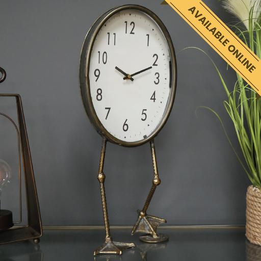 Quirky bird feet desk clock, H:53cm W:21cm D:15cm, Weight:1.65kg.