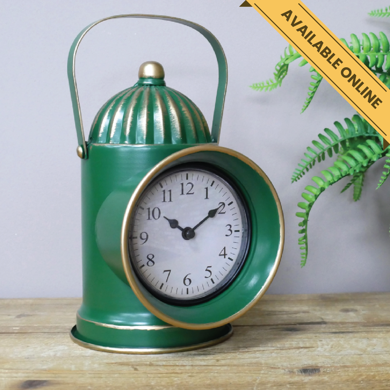 Vintage-style green railway lantern clock, H:26cm W:14cm D:18cm, Weight:0.5kg.