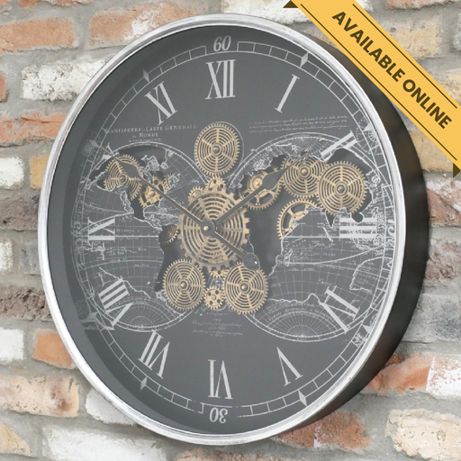Clock round silver/black with gold cogs. A unique and stylish piece, perfect for modern or rustic interiors, 60cm high, 60cm wide, 9cm deep, weighs 5.9kgs.