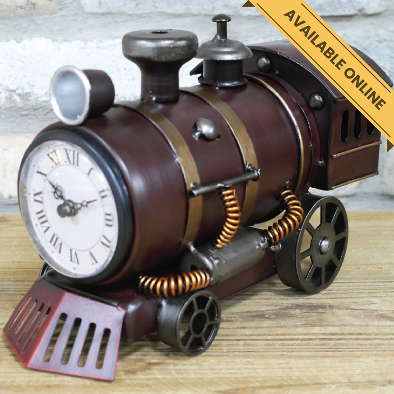 Novelty steam train snow plough clock, H:17cm W:26cm D:11cm, Weight:0.8kg.