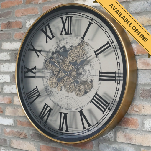 Clock white with cogs black roman numerals. This clock has moving cog parts (requires 3X AA batteries, not included), 80cm high, 80cm wide, 10cm deep, weighs 10.8kgs.