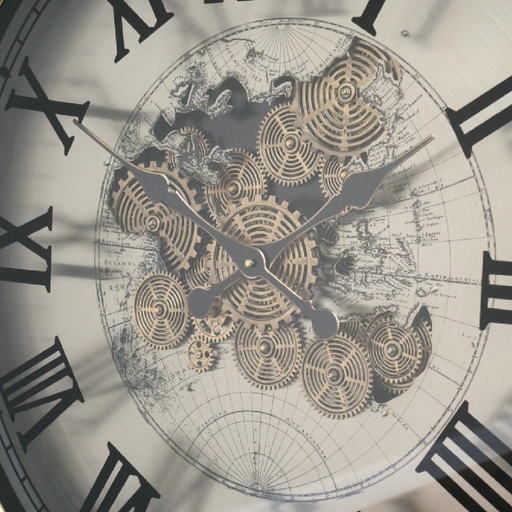 Decorative round clock featuring a white face, bold black Roman numerals, and functional rotating cogs, dimensions 80cm H × 80cm W × 10cm D, weight 10.8kg; powered by 3 AA batteries (not supplied).