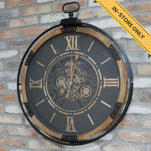 Industrial wall clock with cogs and black dial, H:88cm W:74cm D:9cm, Weight:7.3kg.