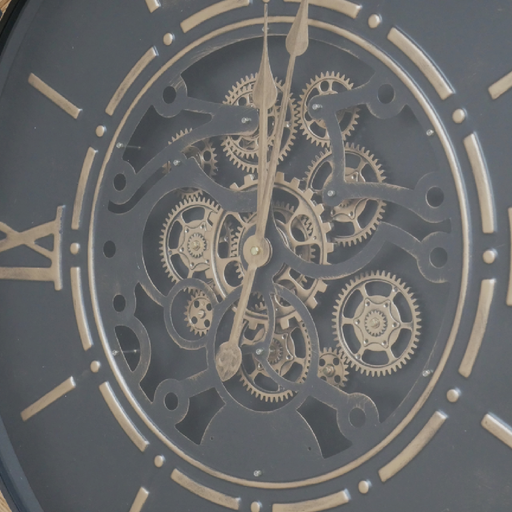 Black dial wall clock with visible gear mechanisms, industrial design, 88cm tall, 74cm wide, 9cm deep, 7.3kg in weight.