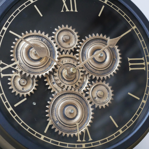 Desktop clock with moving cogs, black body, and gold accents, 28cm high, 30cm wide, 11cm deep, weighing 1.22kg; requires 3 AA batteries (not included).