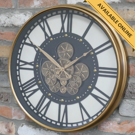 Clock with cogs round roman numerals. A unique and stylish piece, perfect for modern or rustic interiors, 54cm high, 54cm wide, 8cm deep, weighs 4.5kgs.