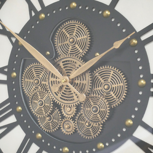 Decorative circular clock featuring Roman numeral markings and exposed mechanical cogs, dimensions 54cm H × 54cm W × 8cm D, weight 4.5kg.