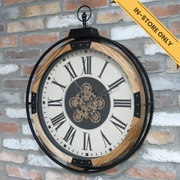 Industrial style wall clock with cog details, wood and white dial, H:74cm W:60cm D:9cm, Weight:4.6kg.