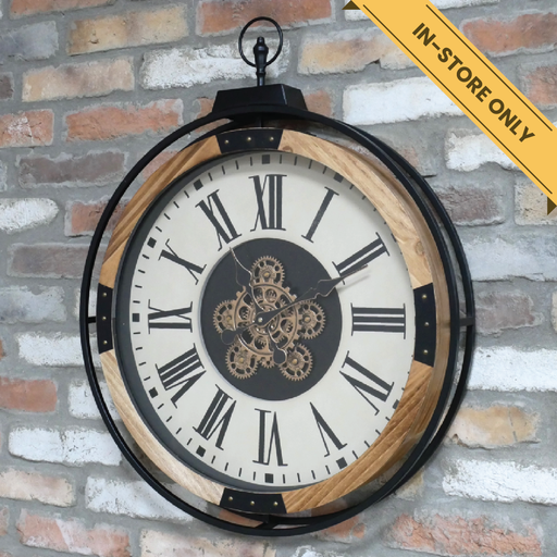 Industrial style wall clock with cog details, wood and white dial, H:74cm W:60cm D:9cm, Weight:4.6kg.
