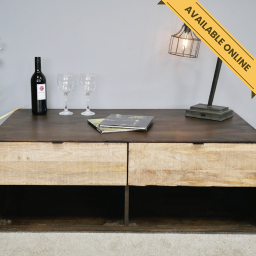 Coffee table two drawer two tone oblong. A unique and stylish piece, perfect for modern or rustic interiors, 40cm high, 110cm wide, 64cm deep, weighs 32.2kgs.