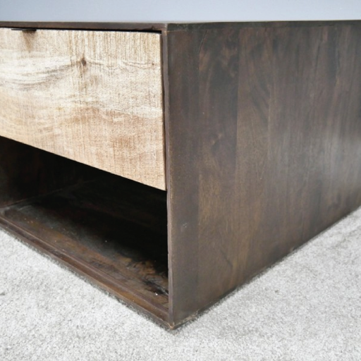 Stylish oblong coffee table featuring two contrasting finishes and two storage drawers, dimensions 40cm H × 110cm W × 64cm D, weight 32.2kg.