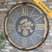 Cog clock extra large. This clock has moving cog parts (requires 3X AA batteries, not included. 1 for timekeeping, 2 for moving cogs), 112cm high, 112cm wide, 9cm deep, weighs 26kgs.