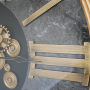 Oversized cog clock featuring functional rotating gears, dimensions 112cm H × 112cm W × 9cm D, weight 26kg; powered by 3 AA batteries (1 for time, 2 for cogs).