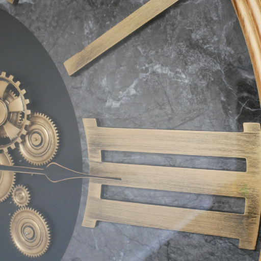 Oversized cog clock featuring functional rotating gears, dimensions 112cm H × 112cm W × 9cm D, weight 26kg; powered by 3 AA batteries (1 for time, 2 for cogs).