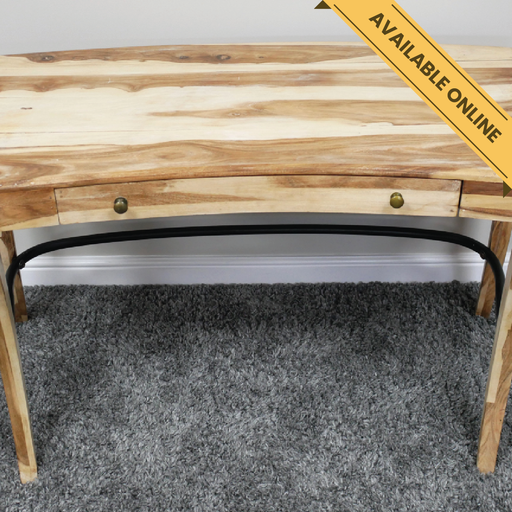 Desk 1 drawer teak curved legs. A unique and stylish piece, perfect for modern or rustic interiors, 77cm high, 127cm wide, 61cm deep, weighs 26.45kgs.