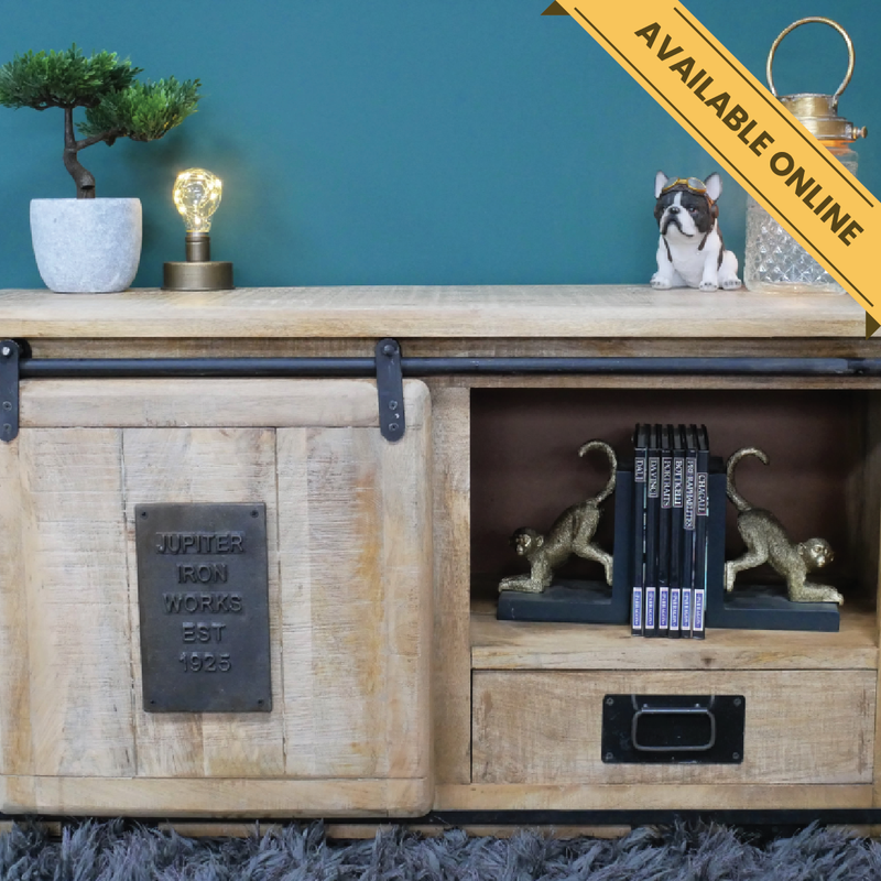 Industrial cabinet with drawer. A unique and stylish piece, perfect for modern or rustic interiors, 61cm high, 110cm wide, 40cm deep, weighs 34.60kgs.
