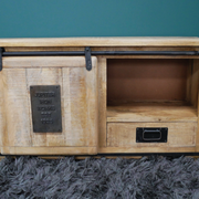 Rustic-industrial cabinet with a functional drawer, 110cm wide and 61cm tall, depth 40cm, total weight 34.60kg.
