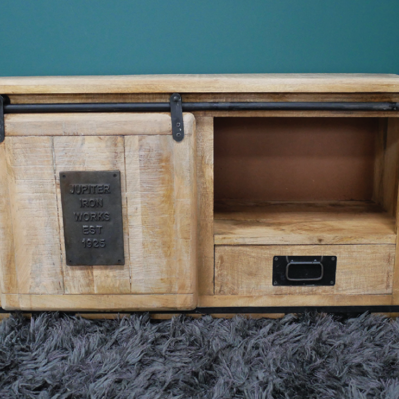 Rustic-industrial cabinet with a functional drawer, 110cm wide and 61cm tall, depth 40cm, total weight 34.60kg.
