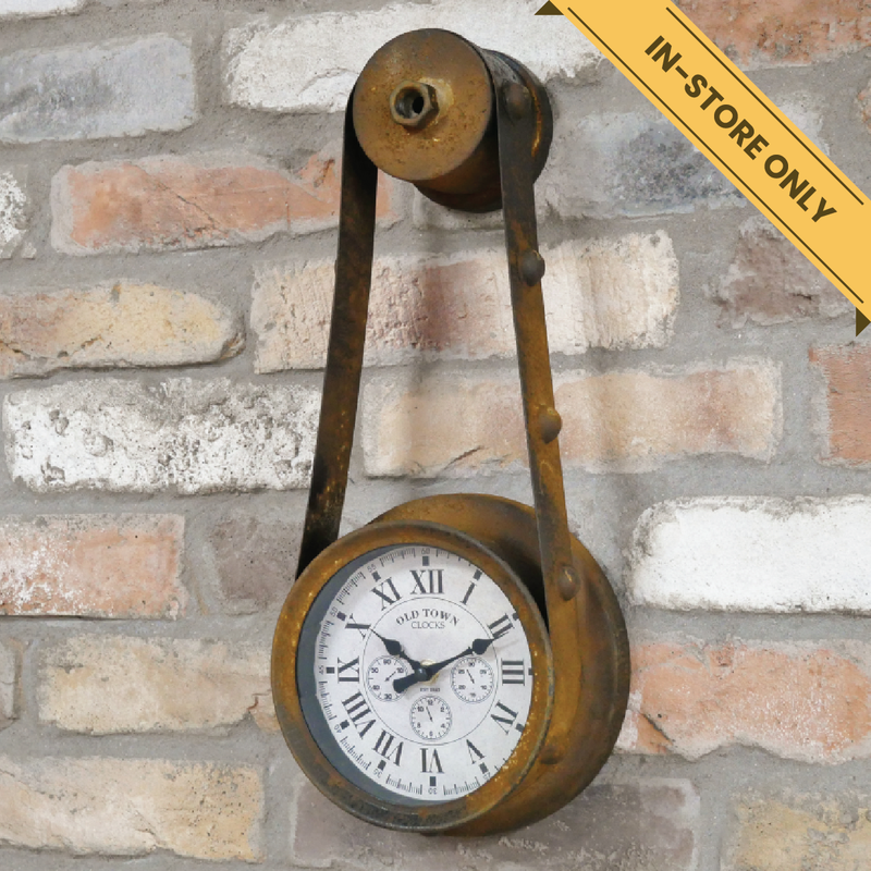 Industrial clock drive belt. A unique and stylish piece, perfect for modern or rustic interiors, 43cm high, 19cm wide, 9cm deep, weighs 0.8kgs.