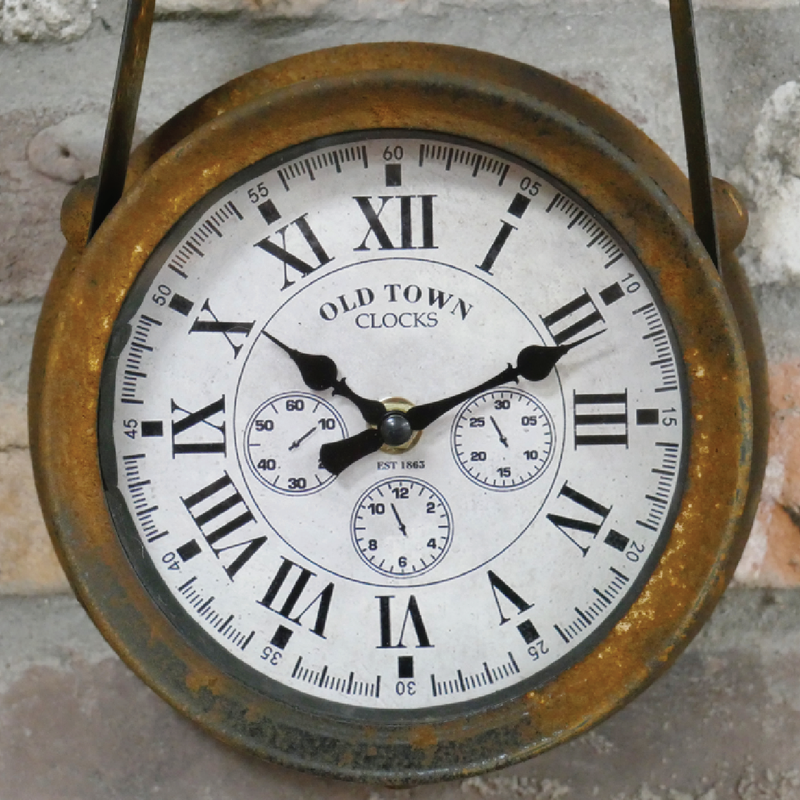 Decorative industrial clock showcasing a functional-looking drive belt, 43cm tall by 19cm wide by 9cm deep, 0.8kg in weight.