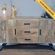 Industrial sideboard 3 drawer 2 door. A unique and stylish piece, perfect for modern or rustic interiors, 77cm high, 145cm wide, 41cm deep, weighs 42.80kgs.