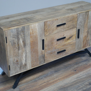 Stylish industrial-style sideboard featuring three drawers and two cabinet doors, dimensions 77cm H x 145cm W x 41cm D, weight 42.80kg.