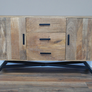 Robust industrial storage sideboard with three drawers and two doors, 145cm wide, 77cm high, 41cm deep, weighing 42.80kg.