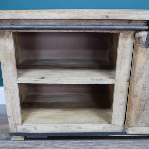 Compact industrial TV stand crafted from mixed materials, dimensions 61cm H x 110cm W x 40cm D, total weight 23.50kg.