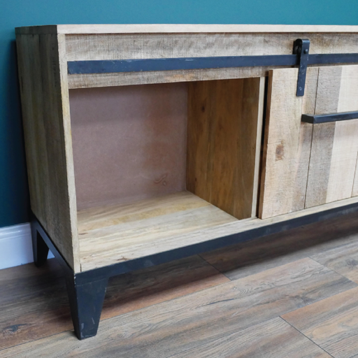 Stylish industrial TV stand with a wide profile, crafted for contemporary or rustic spaces, dimensions 67cm H x 150cm W x 44cm D, weight 38.70kg.