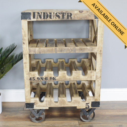 Industrial wine trolley. A unique and stylish piece, perfect for modern or rustic interiors, 88cm high, 59cm wide, 41cm deep, weighs 28kgs.