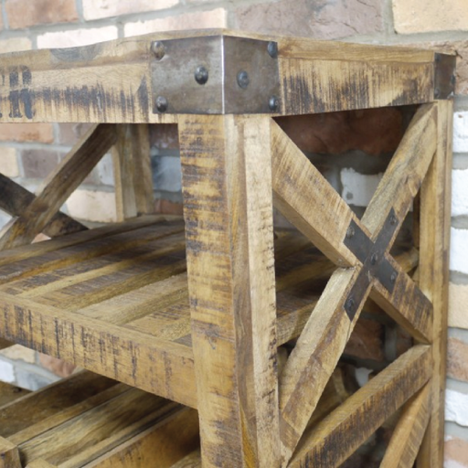 Stylish industrial-style wine cart featuring open shelving and casters, dimensions 88cm H × 59cm W × 41cm D, weight 28kg.