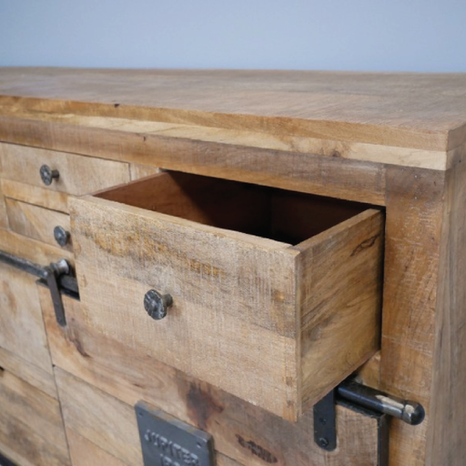 Spacious industrial sideboard with a wide profile, dimensions 82cm H × 179cm W × 40cm D, weight 66.2kg.