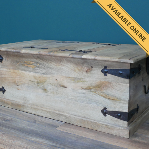 Large trunk coffee table 2 door top opening. Made from iron and mango wood, 44cm high, 116cm wide, 44cm deep, weighs 28.60kgs.