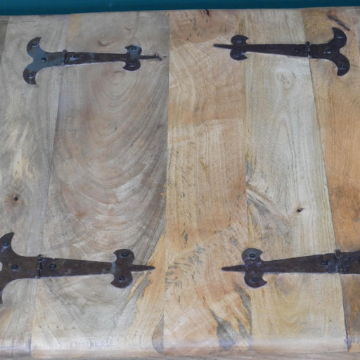 Industrial-inspired coffee table crafted from mango wood and iron, featuring two hinged top doors, dimensions 44cm H x 116cm W x 44cm D, weight 28.60kg.