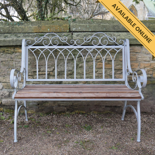 Lincoln bench metal frame wood seat. Made from iron and fir wood. Protect wood before outdoor use (at least annually) and protect iron from changing weather conditions, 98cm high, 114cm wide, 57cm deep, weighs 13.2kgs.