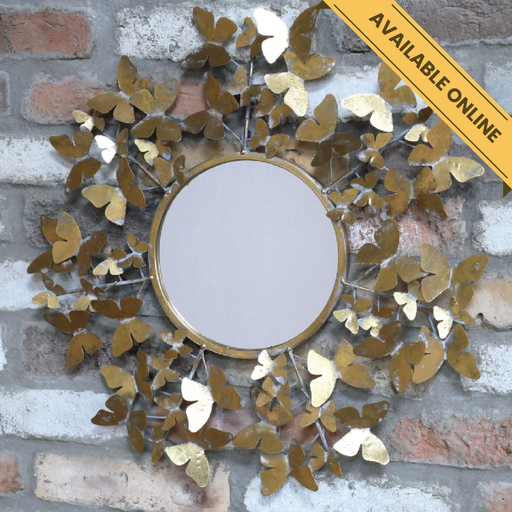 Mirror butterfly small round. A unique and stylish piece, perfect for modern or rustic interiors, 53cm high, 53cm wide, 4cm deep, weighs 1.16kgs.