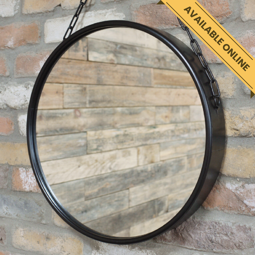 Round mirror with black chain hanging, H:46cm W:46cm D:7cm, Weight:2.8kg.